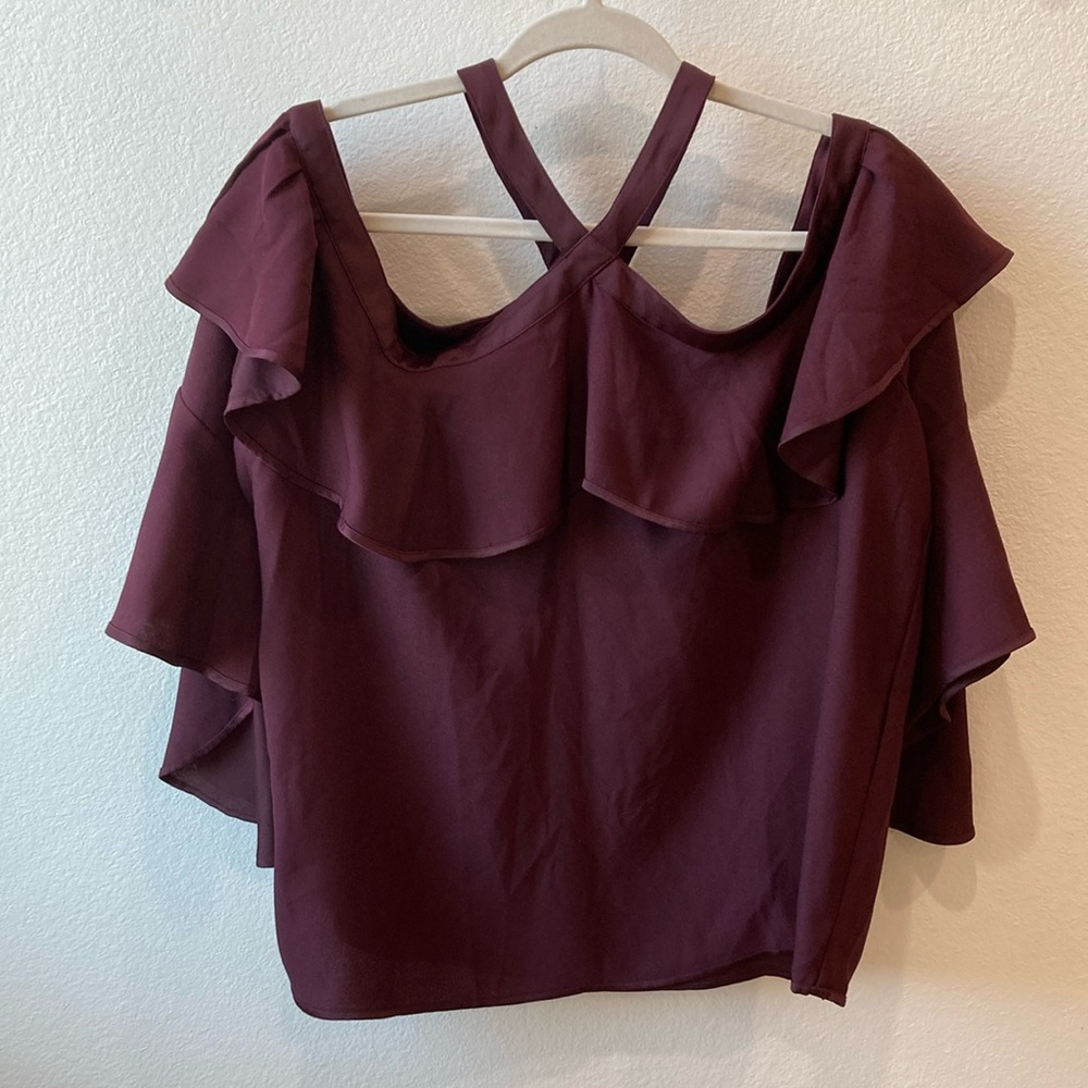 LOFT Purple Blouse with Ruffled Flutter Sleeves